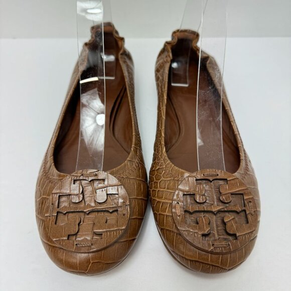 Tory Burch Embossed Leather Slip On Flats Tan - Picture 3 of 7